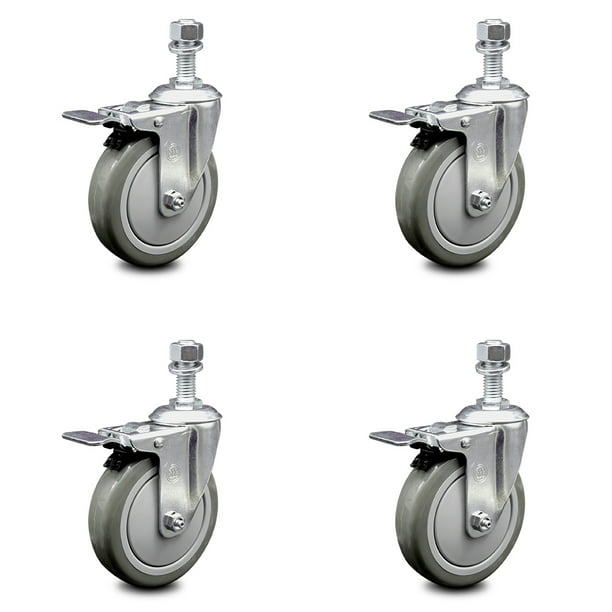 Polyurethane Swivel Threaded Stem Caster Set of 4 w/5 x 1.25 Gray Wheels and 1/2 Stems Includes 4 with Total Lock Brakes Service Caster Brand 1200 lbs Total Capacity 